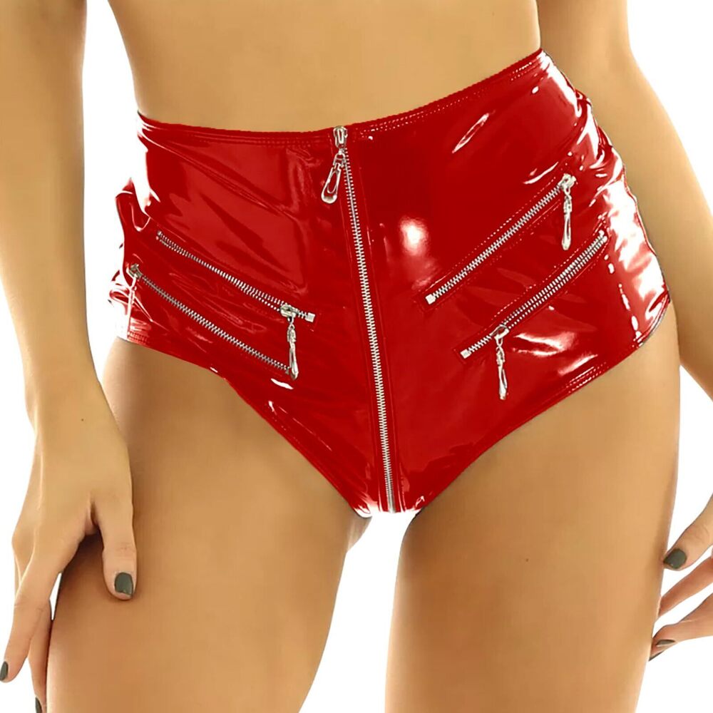 3198 Faux Leather Booty Shorts High Waist Zipper Front Hot Pants Festival